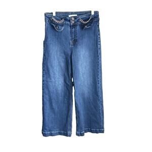 Risen Jeans Women High Rise Wide Leg Sailor Denim 9/29 Medium Wash Chain Accent